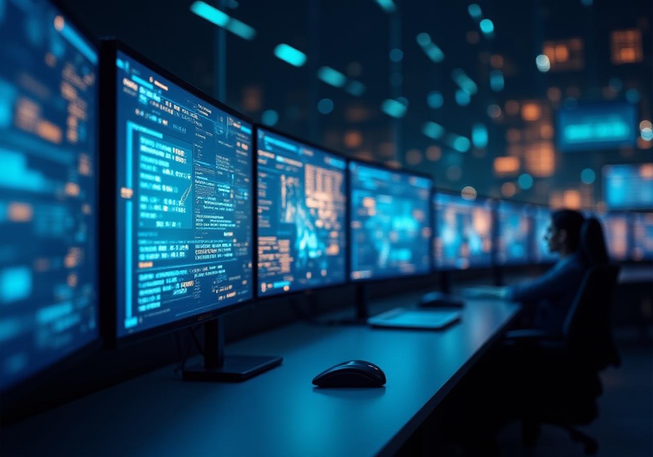 A high-tech digital security command centre monitoring global threats
